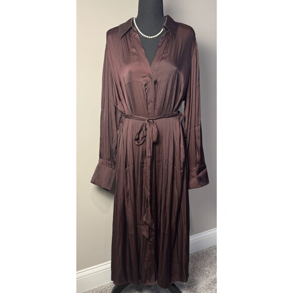 NEW LANE BRYANT CHOCOLATE BROWN BELTED SATIN BUTTON-DOWN SHIRT DRESS SZ 18 - Picture 3 of 8